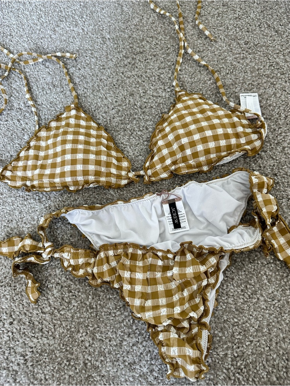 J Crew Gingham Ruffle Triangle Bikini Set in Mustard